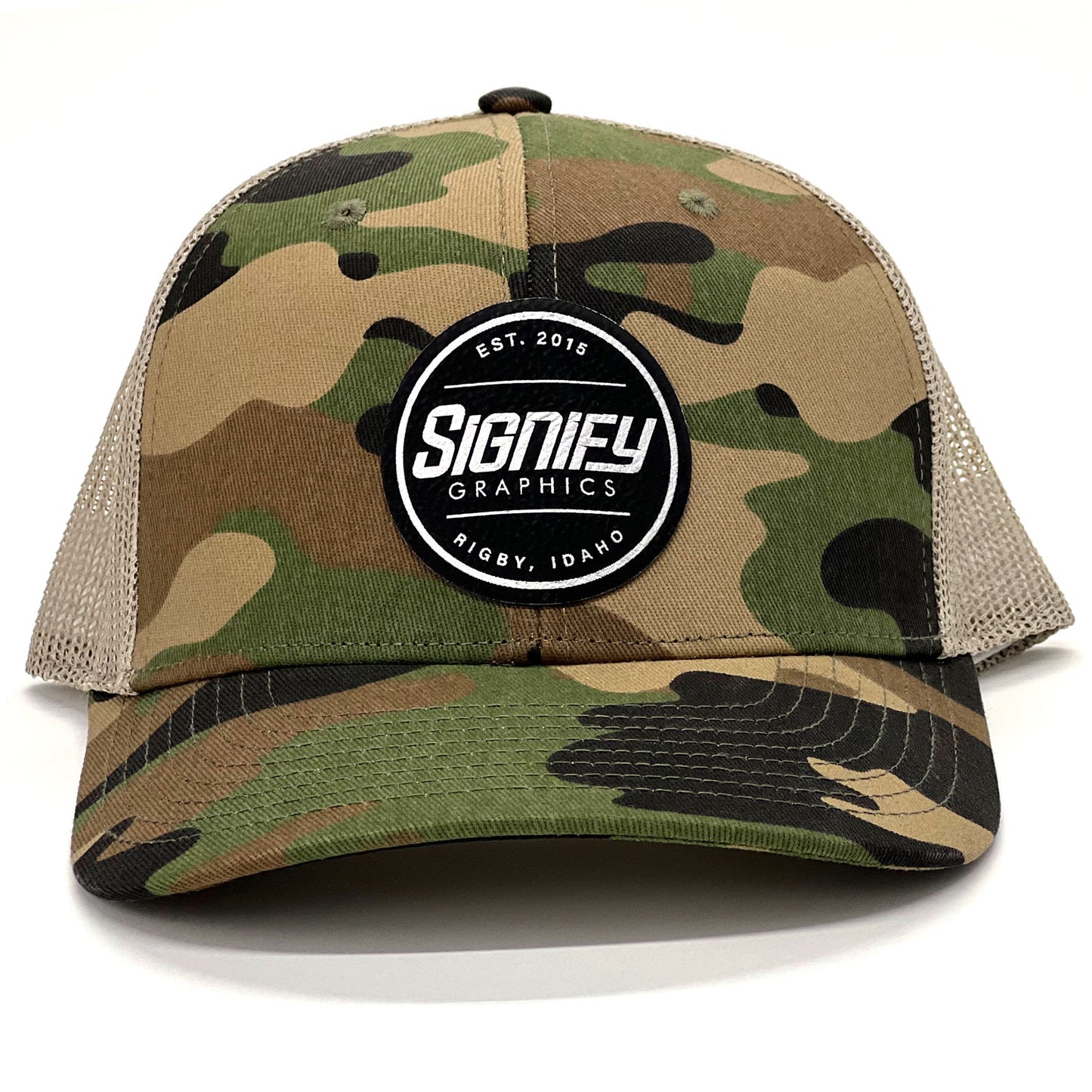 Custom Laser Engraved Trucker Black Silver Patch Camo Hat
