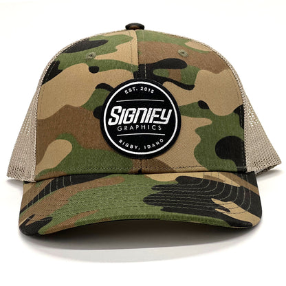 Custom Laser Engraved Trucker Black Silver Patch Camo Hat
