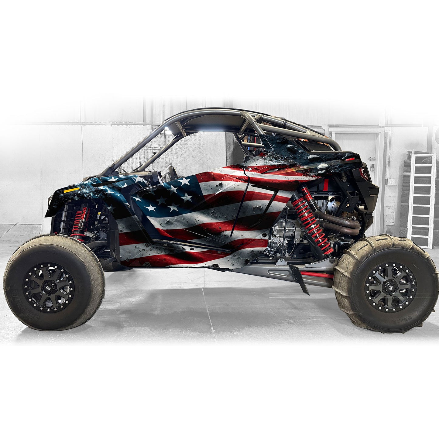 Side profile of Polaris Pro R 2 seater with full American flag wrap kit design