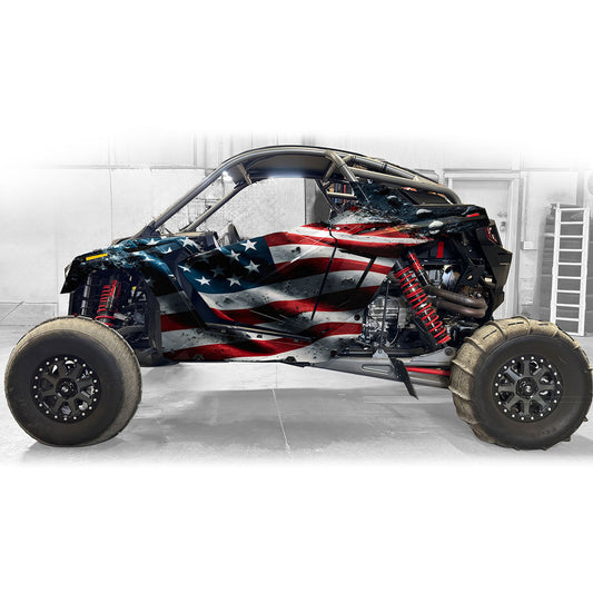Side profile of Polaris Pro R 2 seater with full American flag wrap kit design