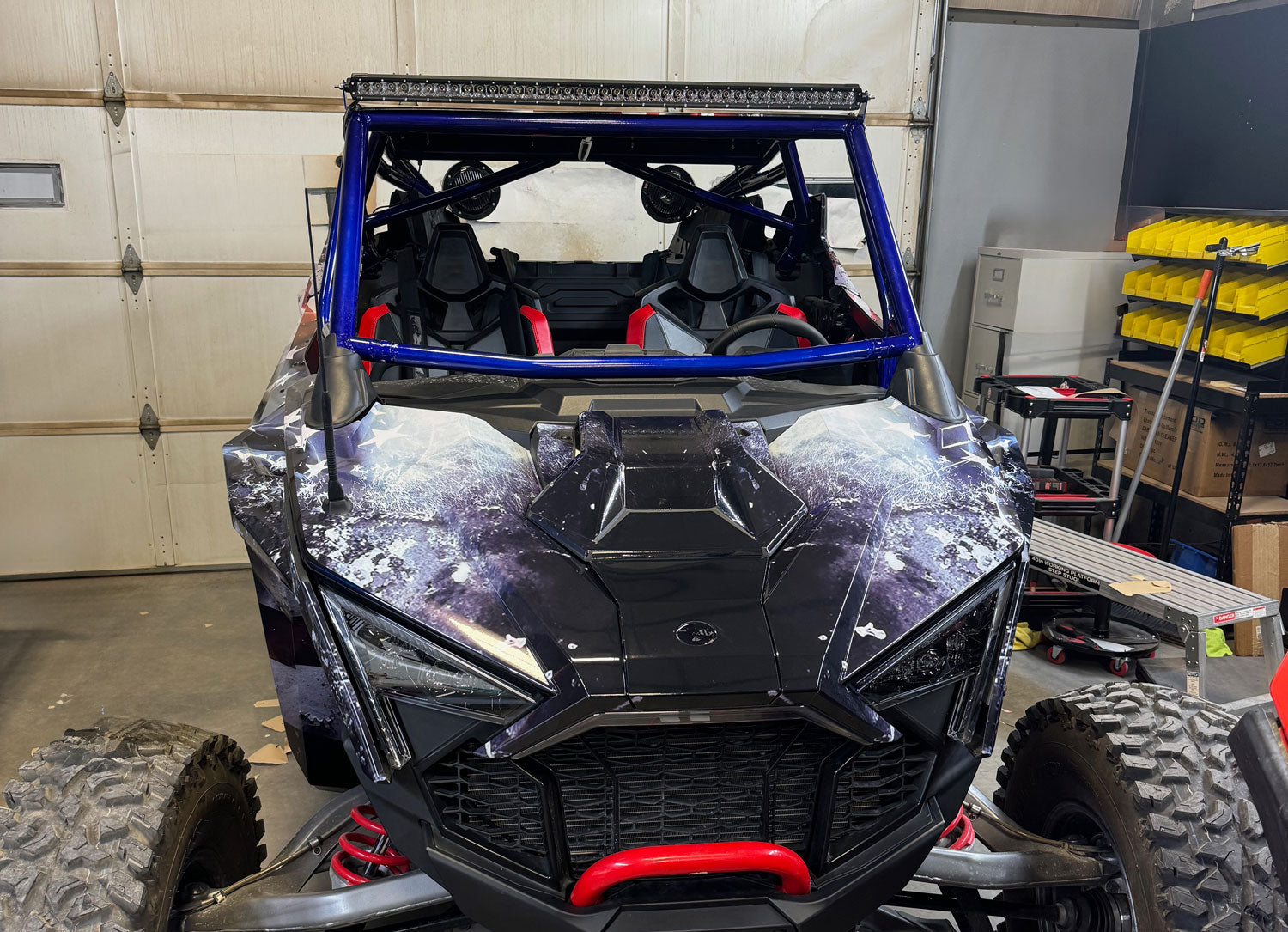 Front view of Polaris Pro R 2 seater UTV with full custom wrap kit installed