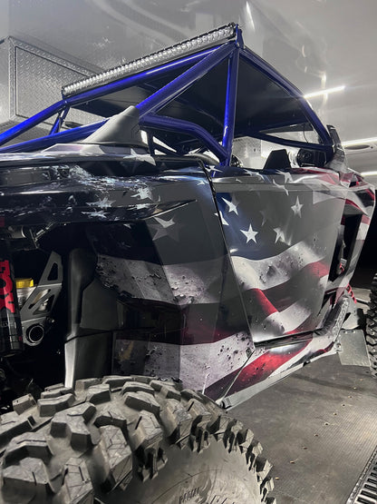 Close-up of side panel showing patriotic American flag UTV graphics